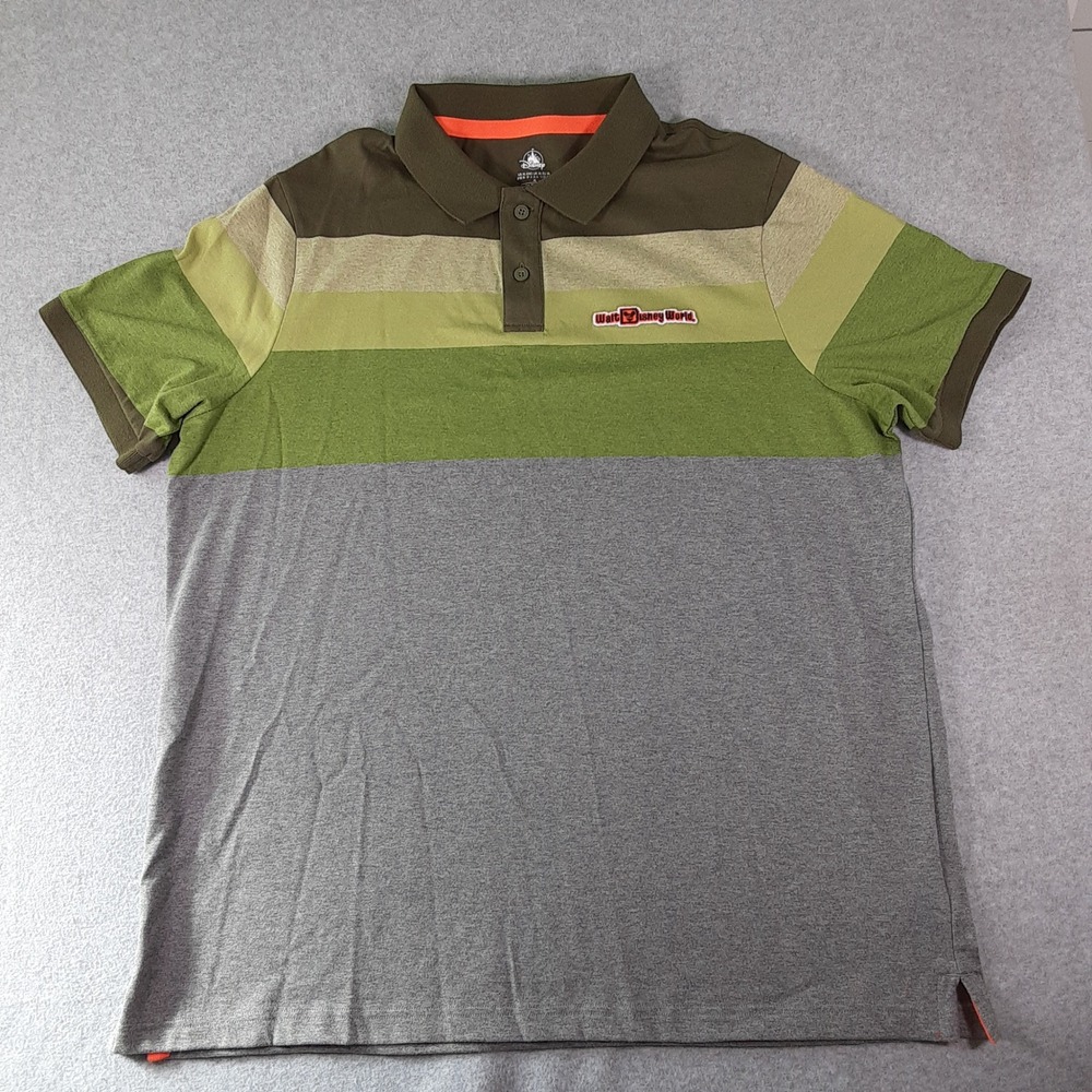 Disney Walt Disney World Mens XL Polo Shirt Green Grey Striped Mickey Mouse Logo